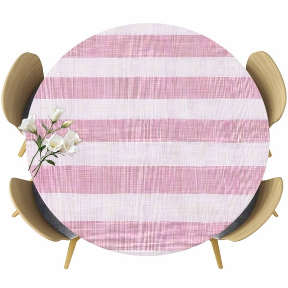 Pink Striped Round Tablecloth, Fitted Table Cover with Elastic for 36"-44" Round Tables, Farmhouse Vintage Stripes Table Cloth Outdoor Indoor Dinning Party Waterproof Tablecloths