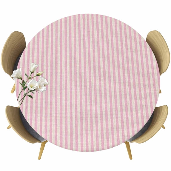 Pink Striped Round Tablecloth, Fitted Table Cover with Elastic for 36"-44" Round Tables, Modern Simple Farmhouse Beige Vintage Table Cloth Outdoor Indoor Dinning Party Waterproof Tablecloths