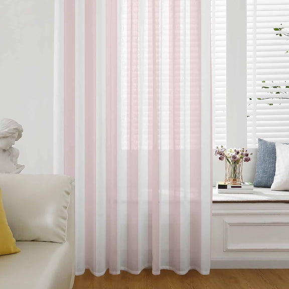 Pink Striped Semi Sheer Curtains Drapes for Living Room, Bedroom, French Doors Window 96 Inches Long, Modern Farmhouse Pink White Stripes Rod Pocket Chiffon Curtain Drapery Voile Draperies Panel