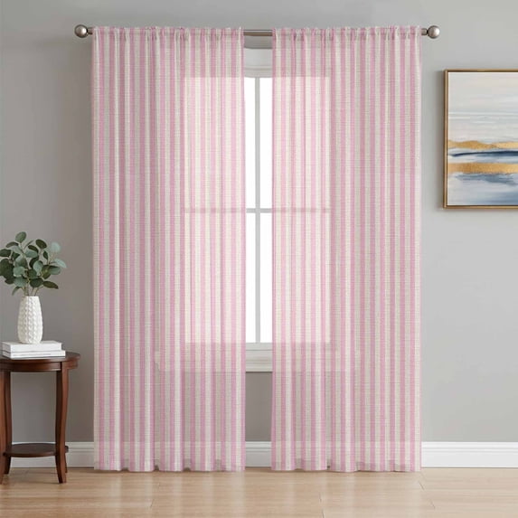 Pink Striped Semi Sheer Window Curtains 96 Inches Long, Modern Simple Farmhouse Beige Vintage Rod Pocket Voile Silky Chiffon Curtain Light Filtering Drapes for Living Room, Kitchen, 52"x96", 2 Panels