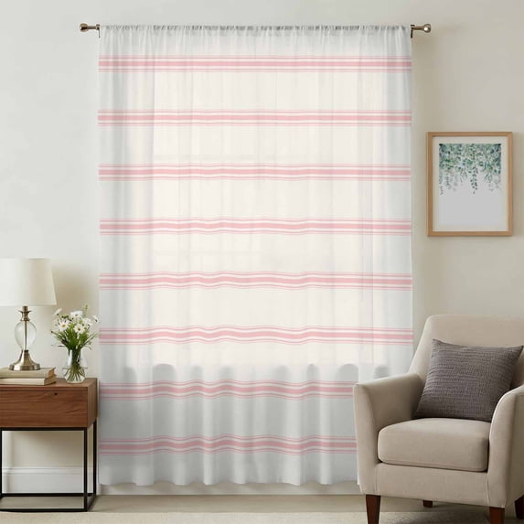 Pink Striped Sheer Curtains 108 Inches Extra Long, Rustic Pink Stripe Modern Art Beige Light Filering Curtains, Privacy Drapes Simi Floor to Veiling Curtain for Living Room Bedroom Window Treatment