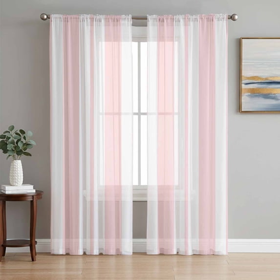 Pink Striped Sheer Curtains 84 Inch Length 2 Panels Set, Blue Geometric Line Stripes Farmhouse Voile Window Treatment Rod Pocket Curtains Sheers Drapes for Bedroom/Living Room/Kitchen 52"x84"x2