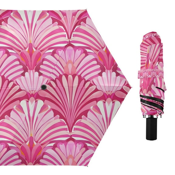 Pink Striped Shells Compact Sun Umbrella Windproof Travel Umbrellas for Rain Strong Portable UV Protection