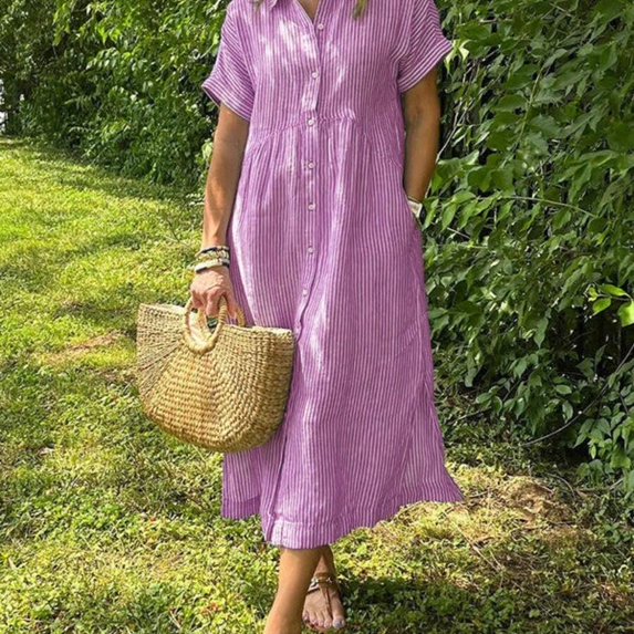 Pink Striped Short Sleeve Button-Front Shirt Dress Cotton Linen Blend