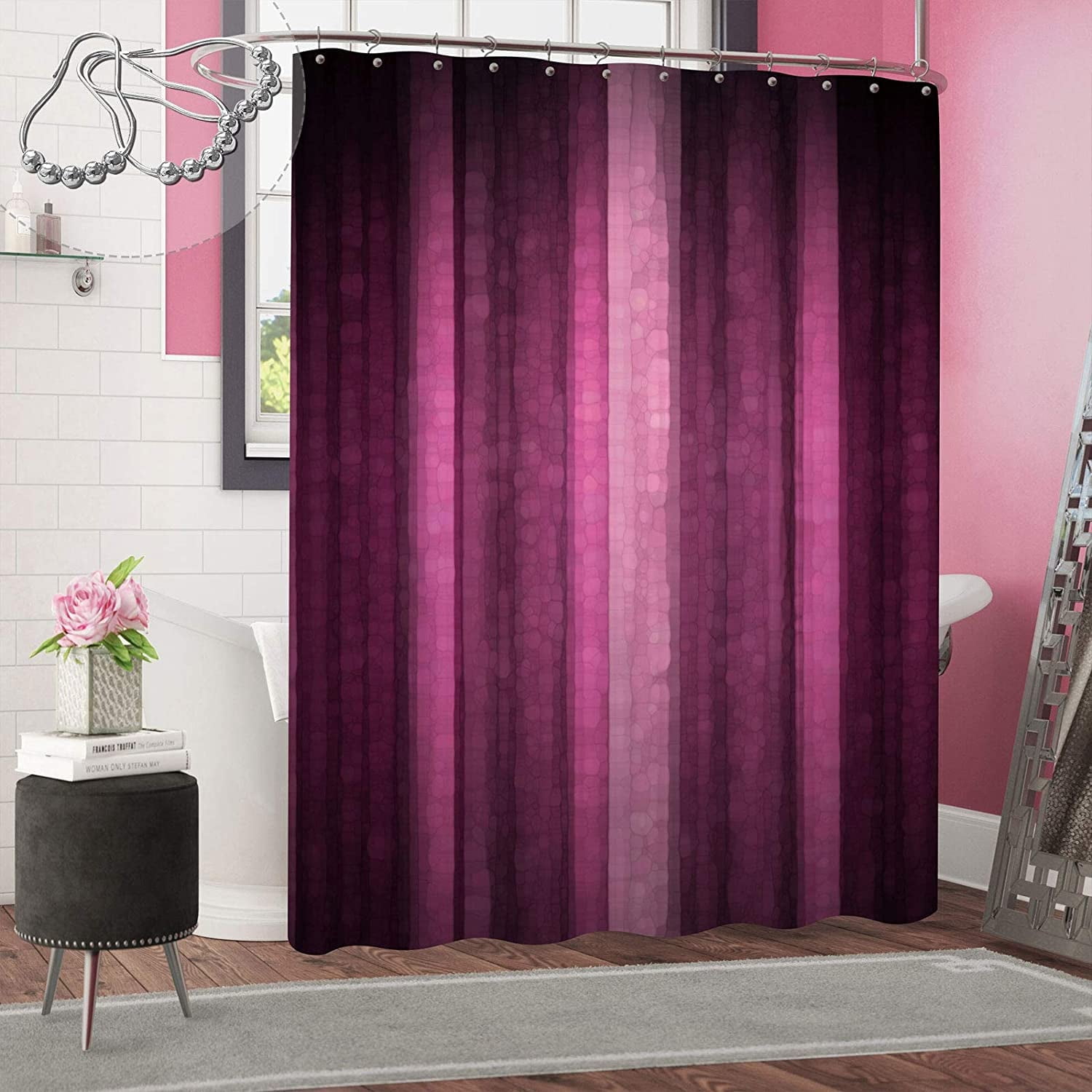 Pink Striped Shower Curtain, Hot Pink Neon Pink Cute Shower Curtain Set
