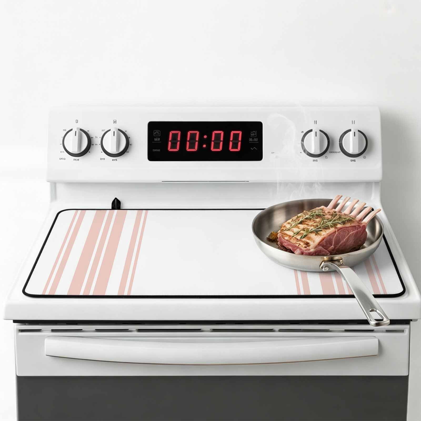 Pink Striped Stove Top Cover for Electric Stove, Heat-proof & Non Slip Glass Top Stove Cover Protector, Modern White Striped Abstract Art Aesthetics Kitchen Flat Cooktop Rubber Mat 24x21 Inches