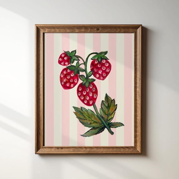 Pink Striped Strawberries Farmers Market Illustration Print, Art Print, Trendy Decor, Kitchen Art, Fruit Wall Art, Modern Wall Decor For Living Room, 8x12 UNFRAMED