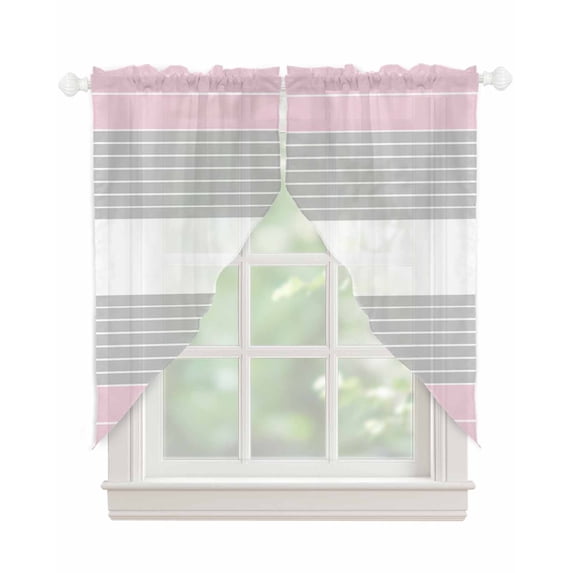 Pink Striped Swag Valances for Windows, Multicolor Grey White Horizontal Stripes Rod Pocket Sheer Valances for Large Windows, Swag Toppers Light Filtering for Kitchen Living Room 2 Panels 36''x63''