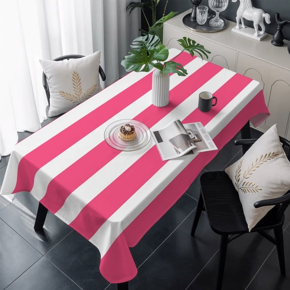 Pink Striped Table Cloth Waterproof Tablecloths, Modern Simple Monochrome Geometric White Tablecloth Dining Table Cover for Kitchen Party Tabletop Outdoor, Rectangle Tablecloth 54x108 Inch