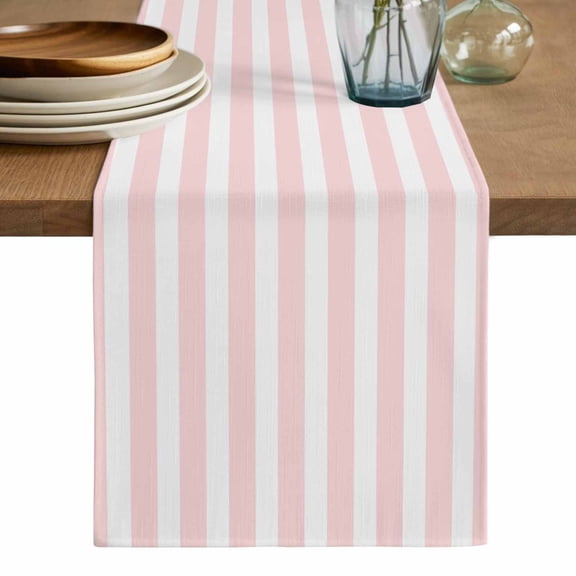 Pink Striped Table Runner, Modern Farmhouse Pink White Stripes Washable Cotton Linen Table Runners 36 Inches Long, Dresser Scarf Runner for Nightstand/End Tables/Round Tables 13''x36''