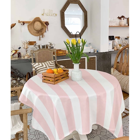 Pink Striped Tablecloth Square Table Cloth 54x54, Waterproof Tablecloth Outdoor Table Cloth, Modern Farmhouse Pink White Stripes Washable Table Cover for Kitchen Dining Party