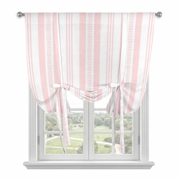 Pink Striped Tie Up Curtains for Kitchen Windows,Adjustable Rod Pocket Valance 63 Inch Long, Modern Farmhouse Geometric Thine Stripes Window Treatment Balloon Roman Blind Shade, 52" x 63"