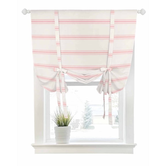 Pink Striped Tie Up Curtains for Window, Thermal Insulated Balloon Shade Adjustable Rod Pocket Curtains Valance Panels for Kitchen Bathroom Cafe 42 x 45 Rustic Pink Stripe Modern Art Beige