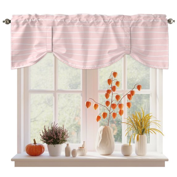 Pink Striped Tie Up Valance Curtains for Windows, Kitchen Curtains Window Treatments, Modern Minimalist Boho Horizontal Stripes Short Window Shades Valances for Bedroom Bathroom Cafe 42"x12"