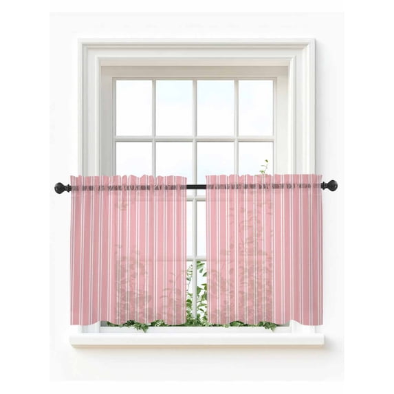 Pink Striped Tier Curtains 24 Inch Length,Sheer Curtains for Bedroom Living Room Window Farmhouse Modern Striped Minimalist Rod Pocket Drapes Kitchen Curtains Small Half Window 27.5"x24" 2 Panels