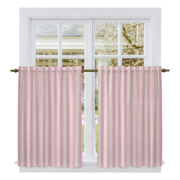 Pink Striped Tier Curtains, Modern Simple Farmhouse Beige Vintage Light Filtering Kitchen Curtains, 2Pcs Rod Pocket Half Window Treatments Panels for Sink Cafe Cabinet Basement 27.5x45 Inches