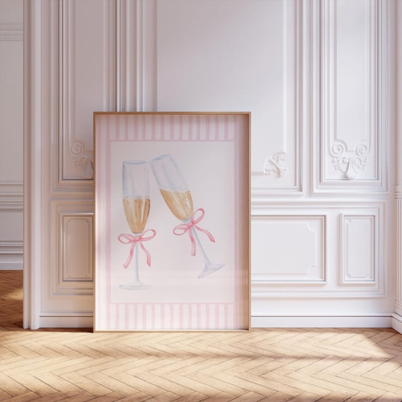 Pink Striped Vintage Bar Cart Art, Coquette Champagne Glass With Pink Bow Home Decor #625, Stretched Canvas Size 16x24