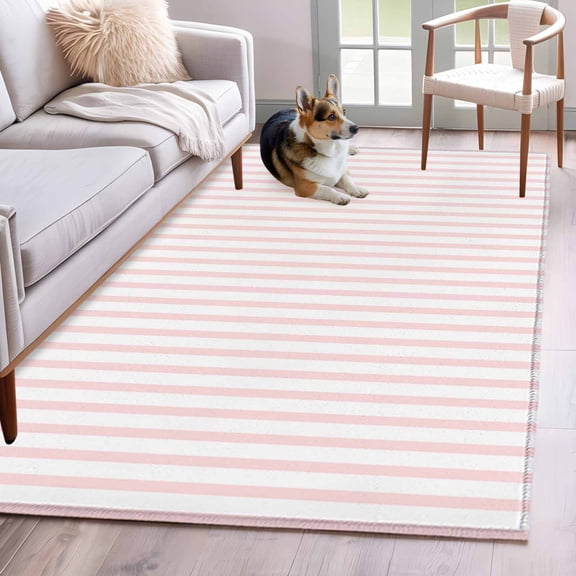Pink Striped Washable Area Rug 3x5 Modern Stripes Farmhouse Rustic Simple Low-Profile Small Area Rugs with Non Slip Backing Indoor Floor Carpet for Entrance Living Room Bedroom Home Office