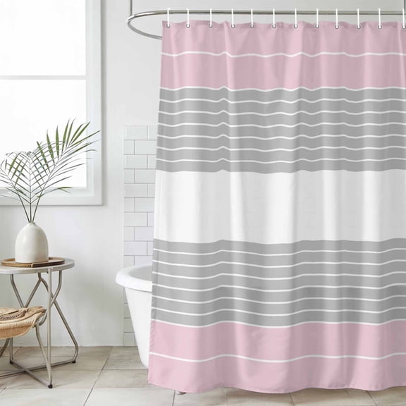Pink Striped Waterproof Fabric Shower Curtain,Multicolor Grey White Horizontal Stripes Waterproof Fabric Shower Curtain for Bathroom Curtains Bathtubs Shower Curtains with 12 Hooks Stall 48x72in