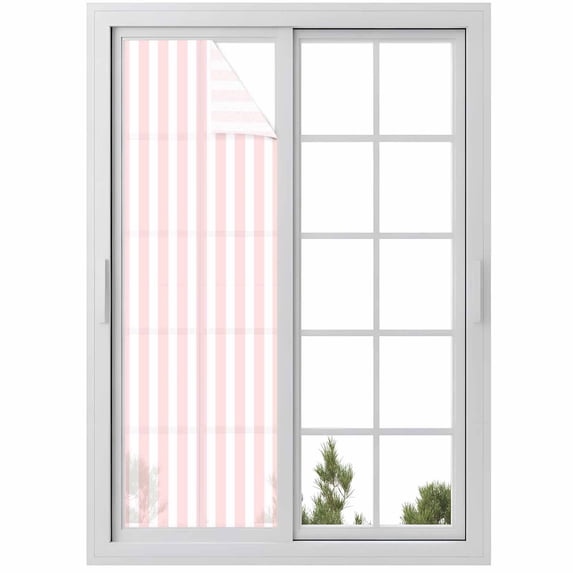 Pink Striped Window Privacy Film, Modern Farmhouse Pink White Stripes Static Cling UV Sun Blocking Heat Control Window Tint Day and Night, Non-Adhesive One Way Windows Privacy Cover 17.7''x78.7''