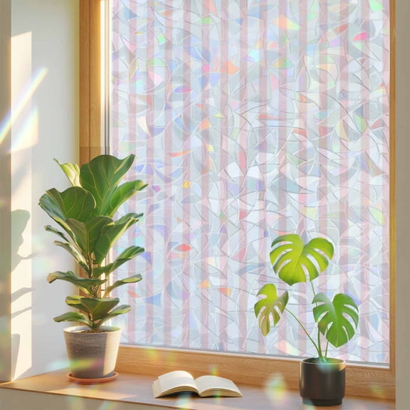 Pink Striped Window Privacy Film, Modern Stripes Farmhouse Rustic Simple Stained Glass Rainbow Film Decorative Window Clings, Static Cling Sun Blocking Stickers 19.6" x 39.3"