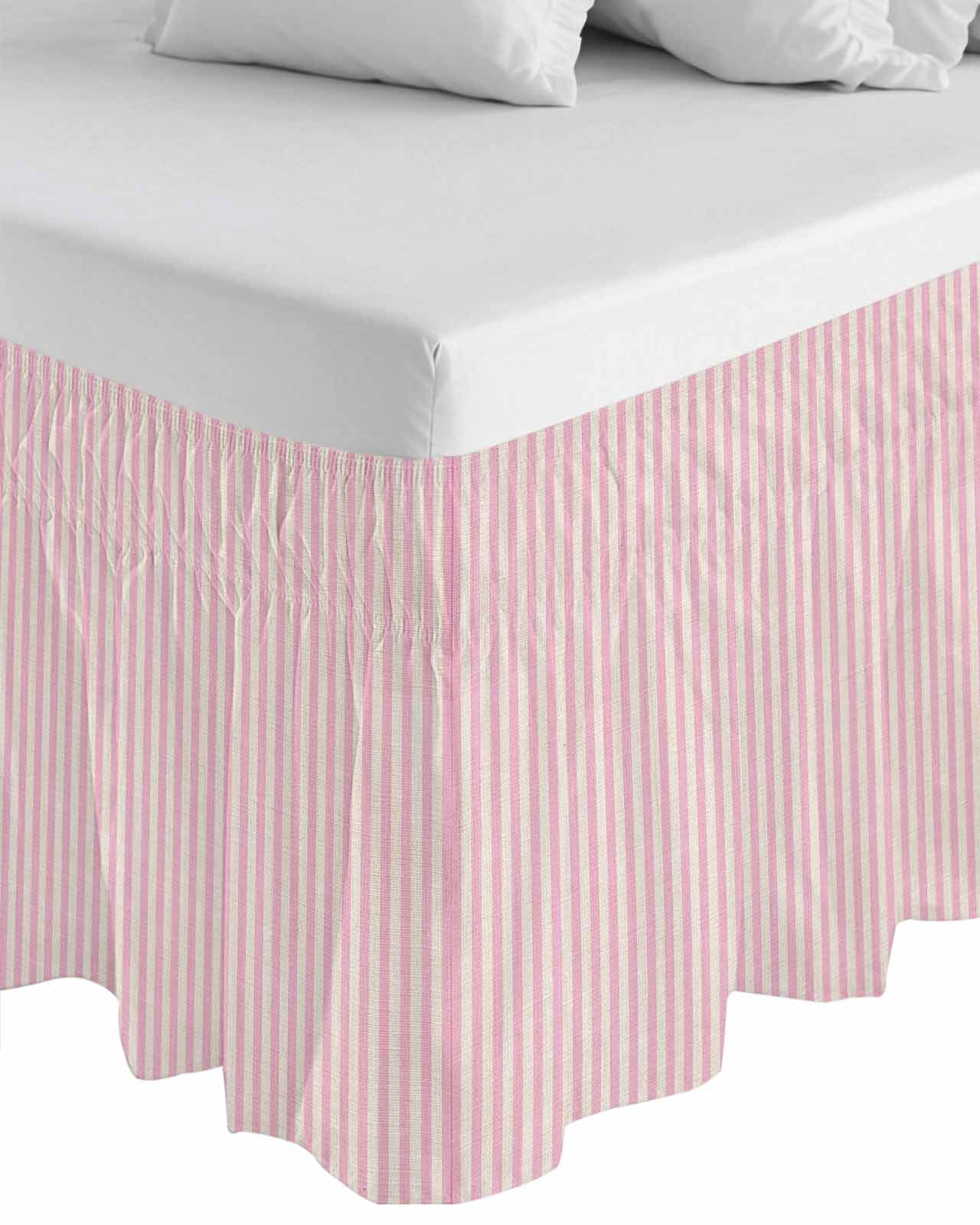 Pink Striped Wrap Around Bed Skirts for California King Bed 16" Drop,Bed Skirt with Adjustable Elastic Belt Dust Ruffle Bed Valance for Bedroom Modern Simple Farmhouse Beige Vintage Bed Frame Cover