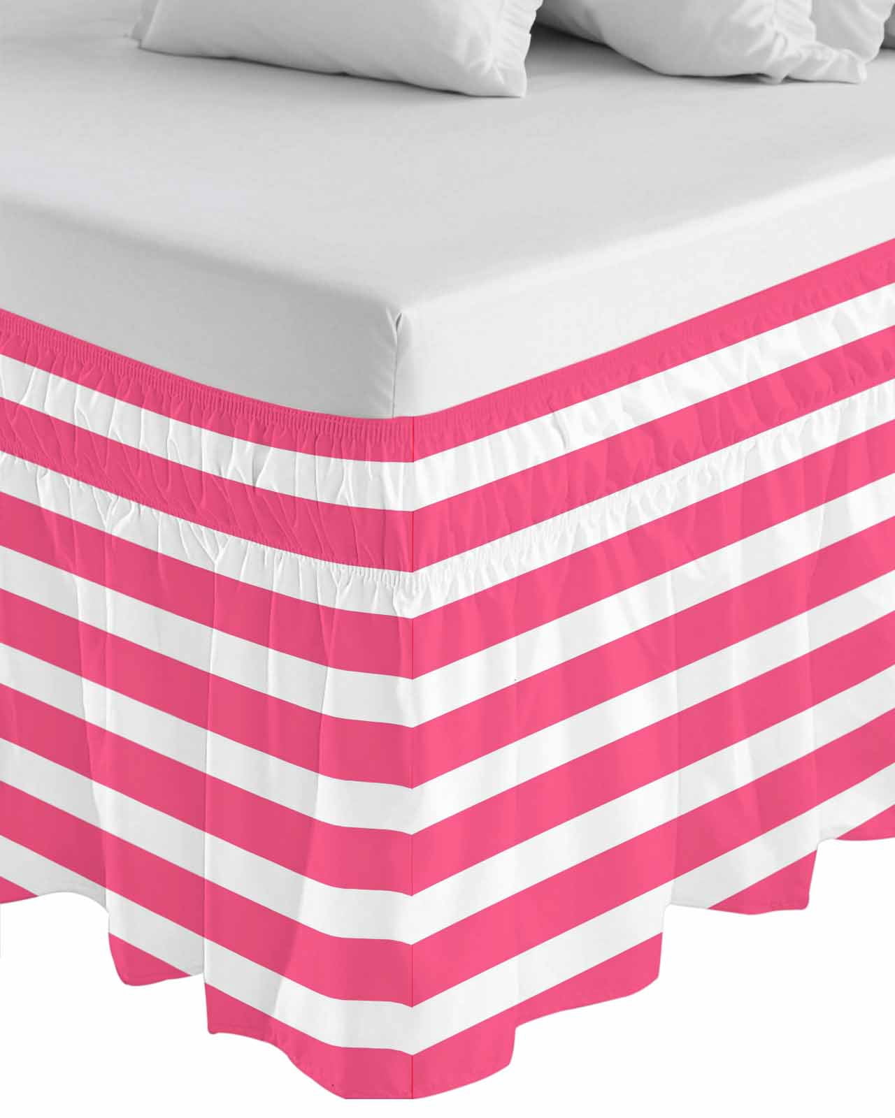 Pink Striped Wrap Around Bed Skirts for King Bed 18" Drop,Bed Skirt with Adjustable Elastic Belt Dust Ruffle Bed Valance for Bedroom Hotel Modern Simple Monochrome Geometric White Bed Frame Cover
