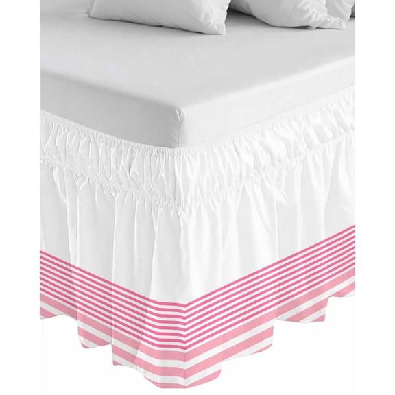 Pink Striped Wrap Around Bed Skirts for Queen Bed 18" Drop, Bed Skirt with Adjustable Elastic Belt Dust Ruffle Bed Valance for Bedroom Hotel Luxury Modern Farmhouse Stripes Bed Frame Cover
