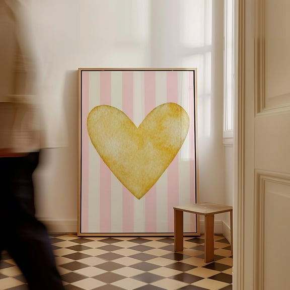 Pink Striped Yellow Heart Art Print, Valentines Day Decor Wall Art, Modern Wall Decor For Living Room, 8x12 UNFRAMED