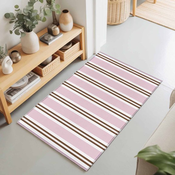 Pink Stripes 2'x3' Rug for Entryway Front Door Kitchen Sink Area, Brown White Dusty Rose Lines Sweet Modern Low Pile Washable Non Slip Rectangle Area Rug for Living Room