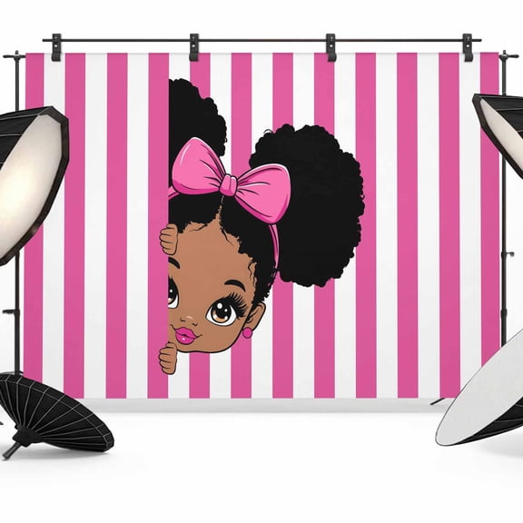 Pink Stripes Backdrop for Photography,Fabric Photo Background Backdrop,Cartoon Funny Bow Girl Vertical Striped Photo Booth Background for Portrait Photoshoot Video Wedding Studio Decor Banner 7x5ft