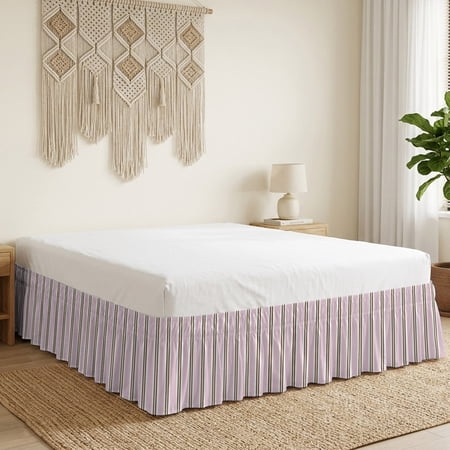 Pink Stripes Bed Skirt Bed Skirts Queen Size 18 Inch Drop, Brown White Dusty Rose Lines Sweet Modern Wrap Around Dust Ruffle Bedskirt with Adjustable Elastic Belt for Queen Size Beds