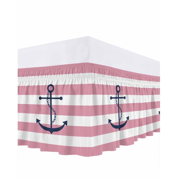 Pink Stripes Bed Skirt King Size 18 Inch Drop, Anchor Nautical Geometric Wrap Around Dust Ruffle Bedskirts, Wrinkle & Fade Resistant Easy Fit Bedskirt with Adjustable Elastic