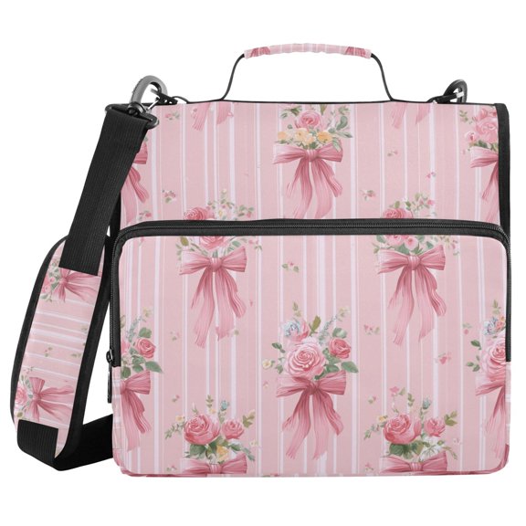 Pink Stripes Bow Tie on Roses Valentine Binder Bag with Shoulder Strap 3 Ring Zipper Binder File Folder Document Storage