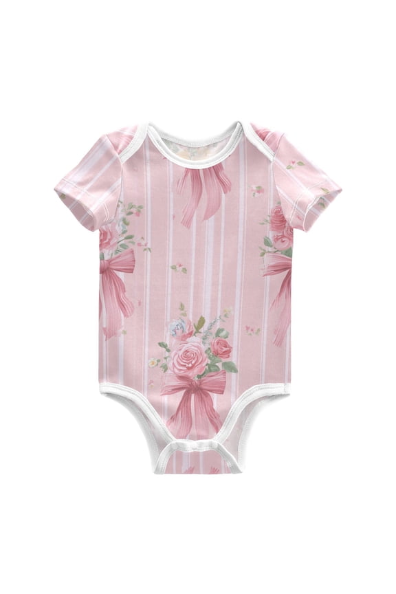 Pink Stripes Bow Tie on Roses Valentine Pure Cotton Bodysuit Short Sleeve Pajamas One-Piece Romper Unisex 6M
