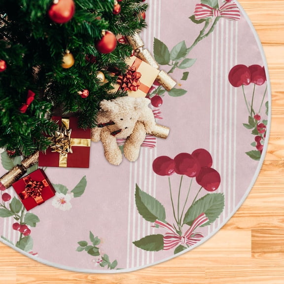 Pink Stripes Bowknots on Cherries Leaves Christmas Tree Skirt Opening Design Floor Protection Holiday Decor 47.2" Diameter M