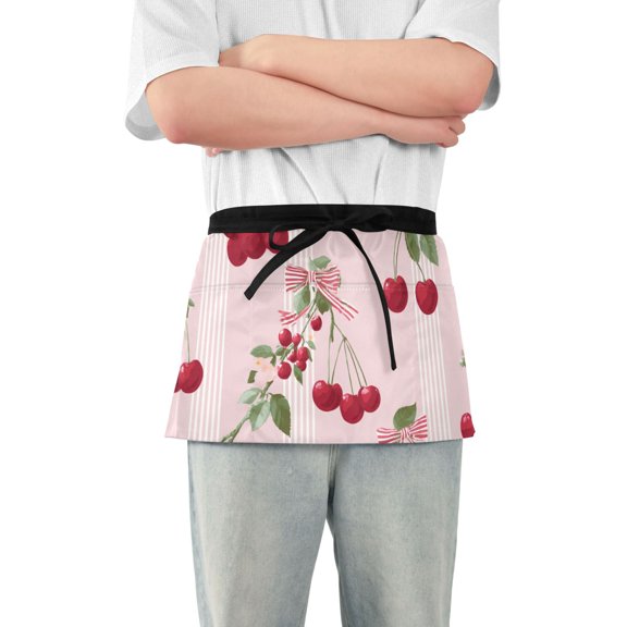 Pink Stripes Bowknots on Cherries Leaves Short Server Apron with 3 Pockets for Unisex Chef Gardening