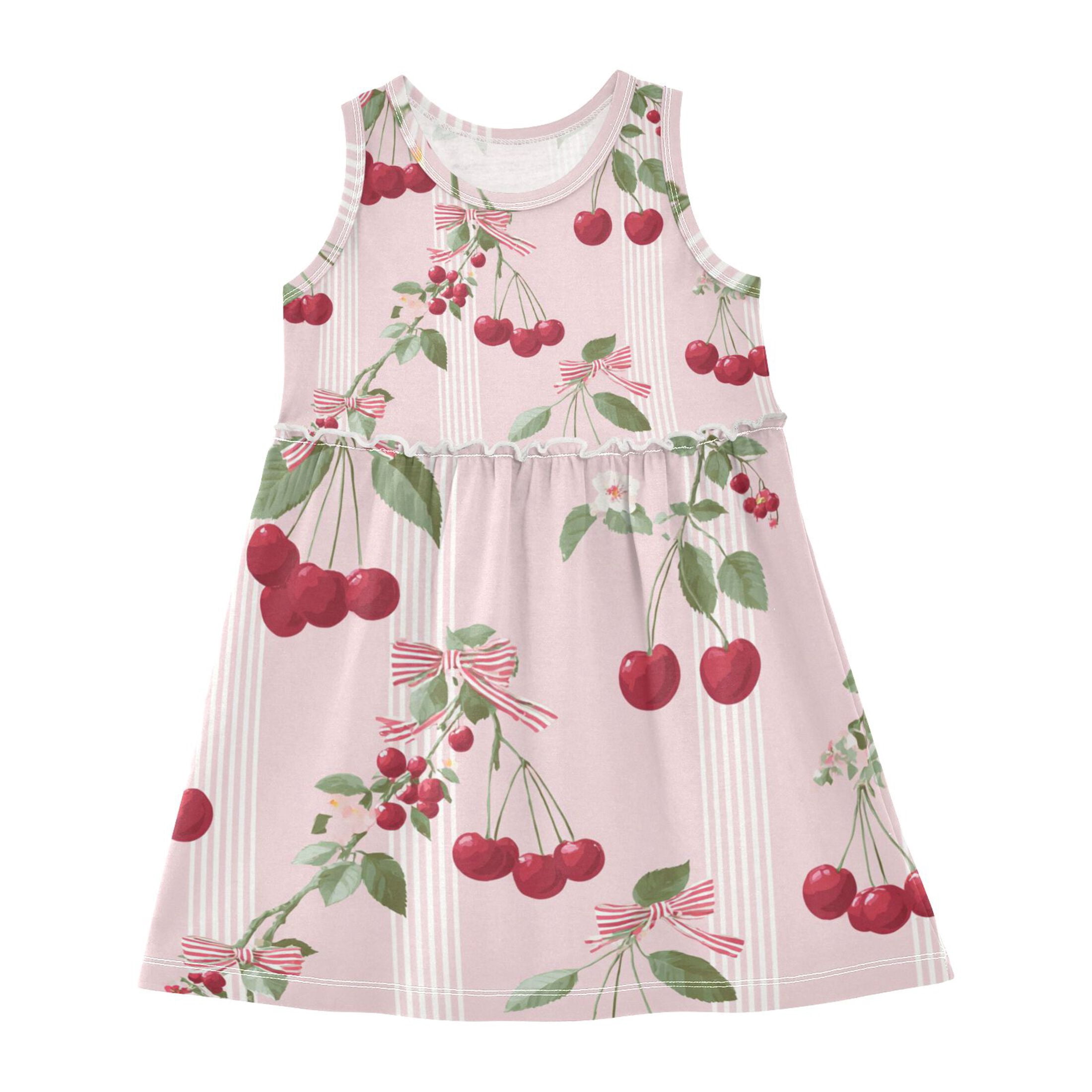 Pink Stripes Bowknots on Cherries Leaves Sleeveless Dress A-Line One ...