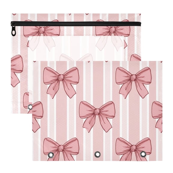 Pink Stripes Bows 3-Ring Binder Pouches A4 Size Zipper Pocket File Storage 2 Packs