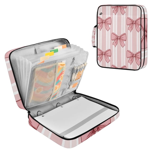 Pink Stripes Bows Accordion File Organizer Expanding File Folder 3-Ring Binder Bag 500 Sheets A4 Size