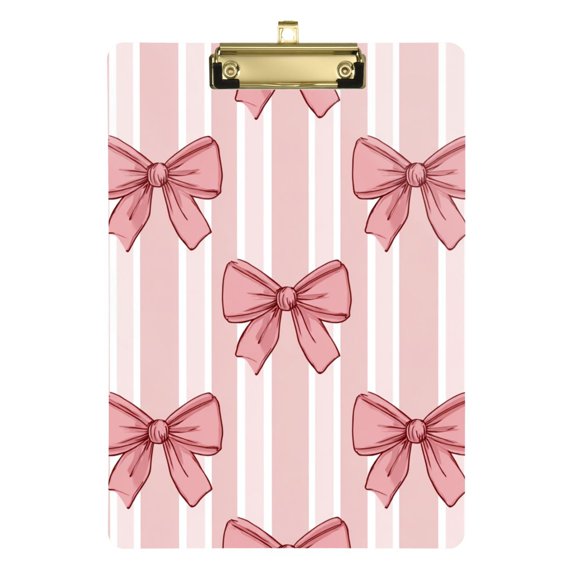 Pink Stripes Bows Acrylic Clipboard Drawing Board with Hook Writing Pad File Storage A4 Size Gold 12.5" x 9"