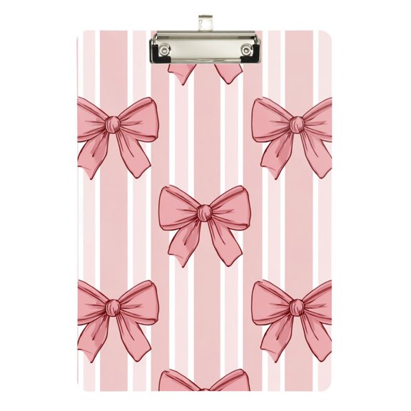 Pink Stripes Bows Acrylic Clipboard Drawing Board with Hook Writing Pad File Storage A4 Size Silver 12.5" x 9"