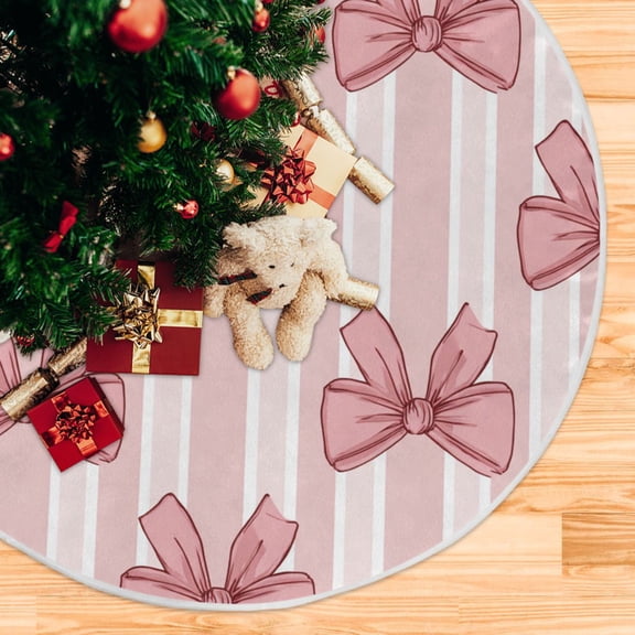 Pink Stripes Bows Christmas Tree Skirt Opening Design Floor Protection Holiday Decor 47.2" Diameter M