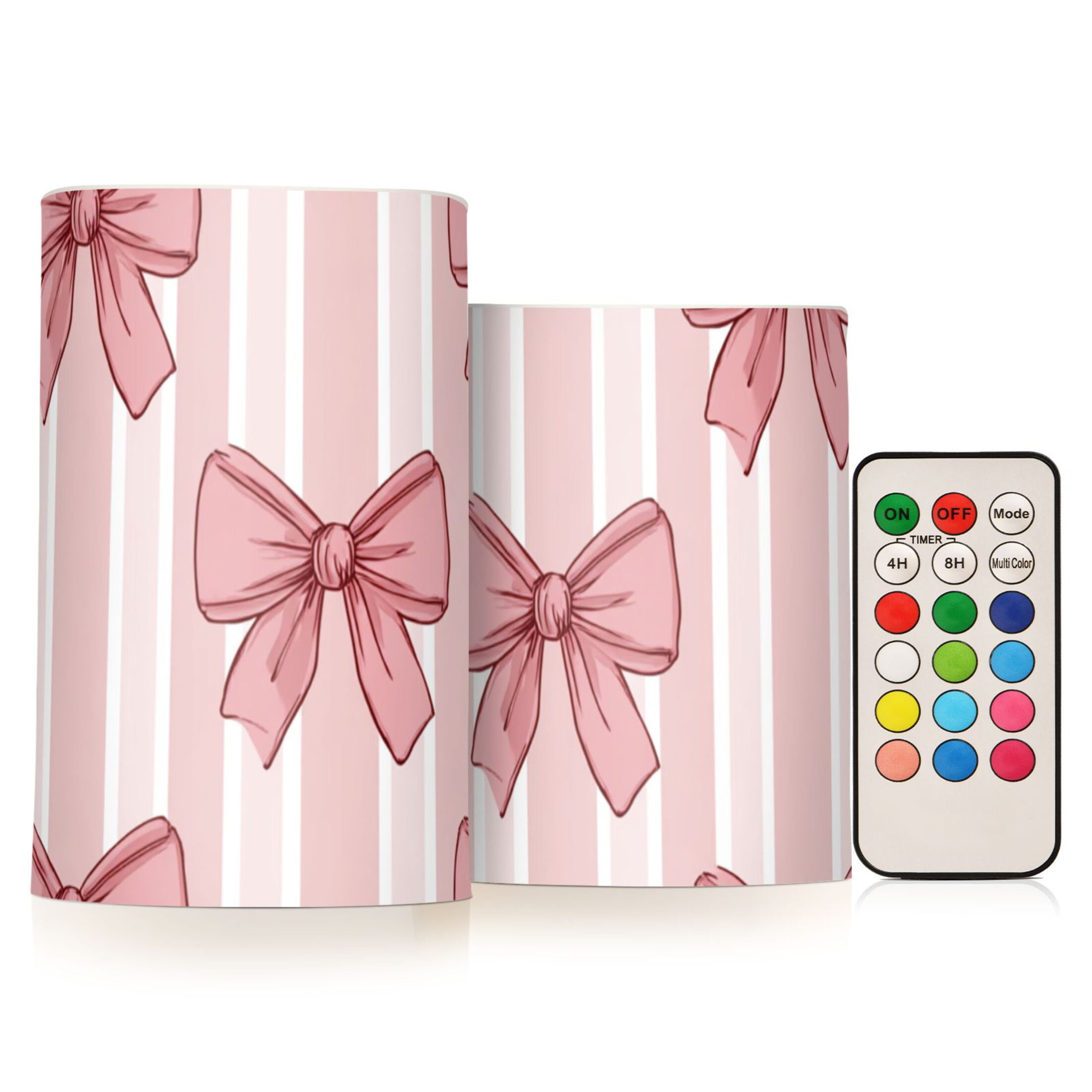 Pink Stripes Bows Flickering Flameless Candles LED Tealight Battery Operated with Remote Set of 2 Holiday Decor Ornaments