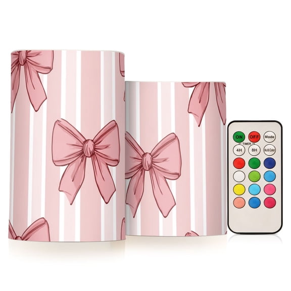 Pink Stripes Bows Flickering Flameless Candles LED Tealight Battery Operated with Remote Set of 2 Holiday Decor Ornaments