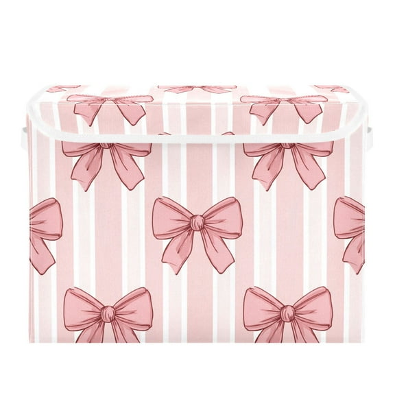 Pink Stripes Bows Foldable Storage Bin with Lid and Handle Collapsible Storage Box 16.5 x 12.6 x 11.8 inches