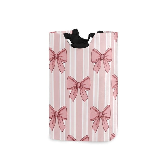 Pink Stripes Bows Laundry Basket with Handles Foldable Laundry Hamper Freestanding Washing Bin 50L