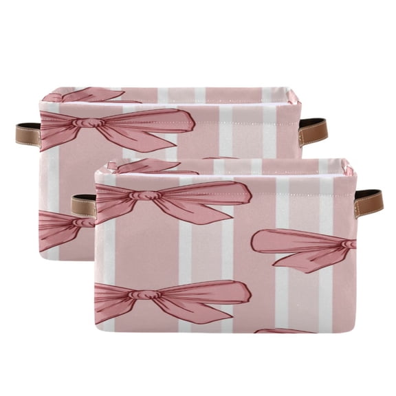 Pink Stripes Bows Square Storage Bins with Handles Collapsible Containing Box 2 Packs