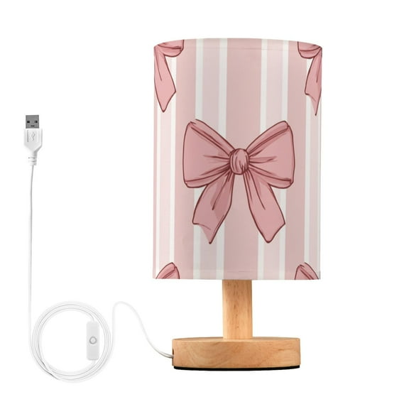 Pink Stripes Bows Table Lamp with USB Port LED Warm Light Lamp Night Light Home Decor