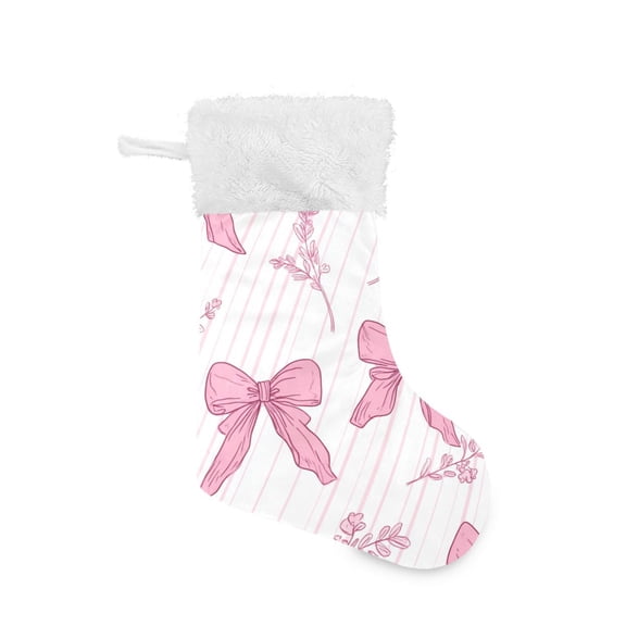 Pink Stripes Bows with Leaves Christmas Stockings Large Capacity 18 inch Gift Bag with Hook Xmas Holiday Decor 1 Pack